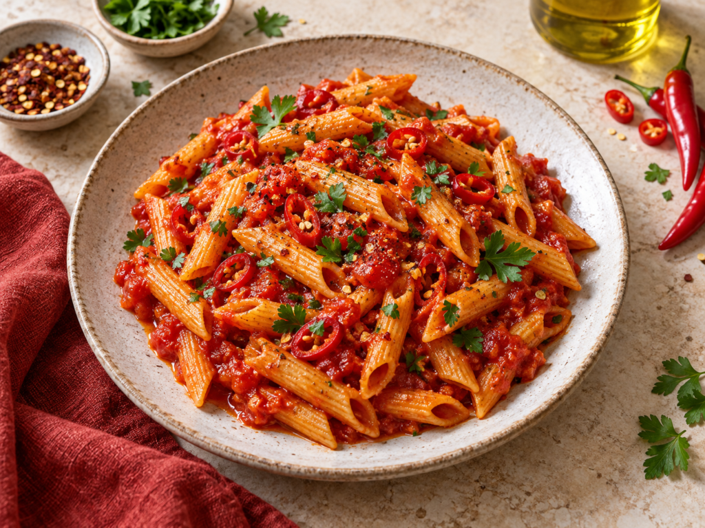 Pasta con tomate, albahaca y chile